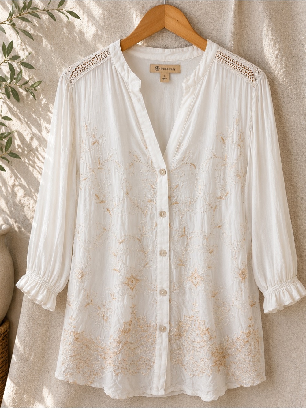 Ivory Embroidered Peasant Blouse Large Boho Lace Detail Balloon Sleeve Top